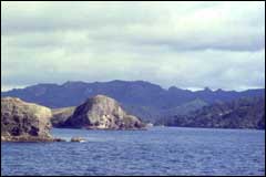 The steep hillsides of the western coast of Great Barrier Island at Port Abercrombie - Image: DoC